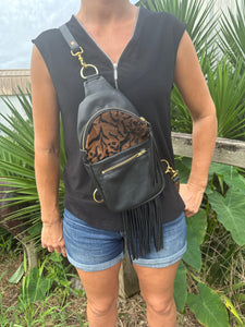 Black leather and cheetah cowhide  small sling bag