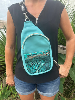 Blue alligator small sling bag