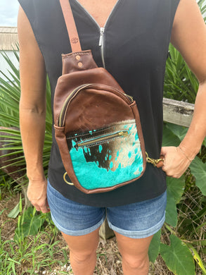 Teal Splash cowhide  small sling bag.