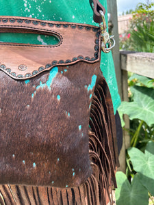 Teal splash cowhide purse with bronze fringe