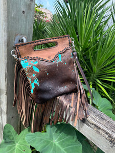 Teal splash cowhide purse with bronze fringe