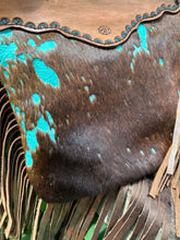 Teal splash cowhide purse with bronze fringe