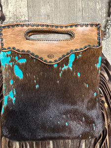 Teal splash cowhide purse with bronze fringe