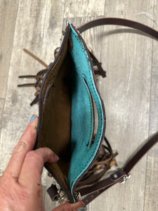 Teal splash cowhide purse with bronze fringe