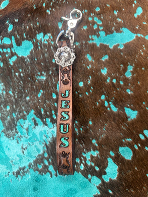hand tooled and painted key chain wristlet