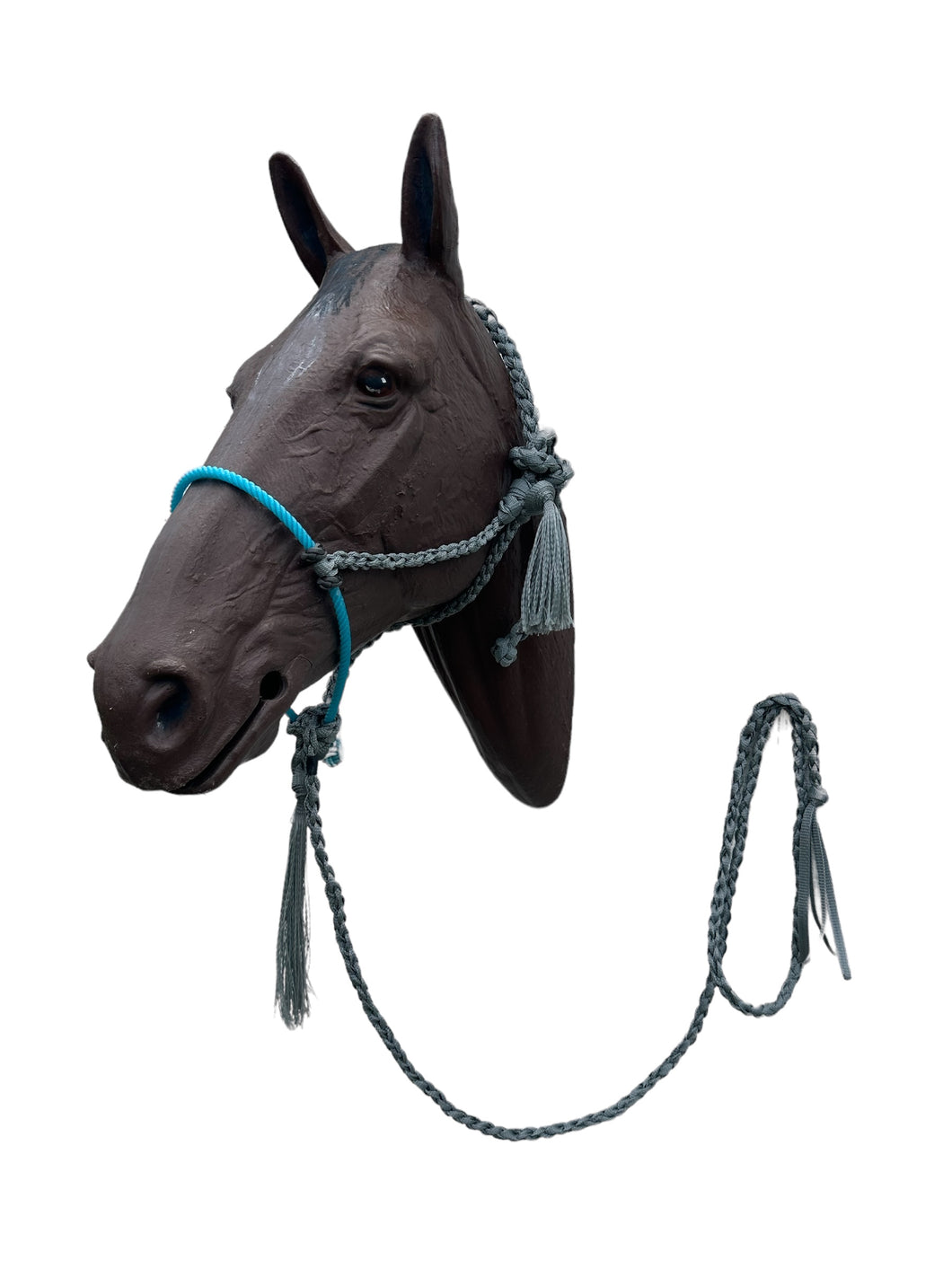 Lariat mule tape horse halter with lead grey and teal