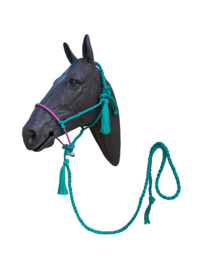 Lariat mule tape horse halter with lead pink and teal