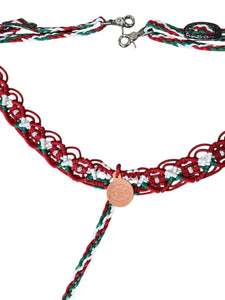 fancy macrame  breast collar red white and green with rhinestones