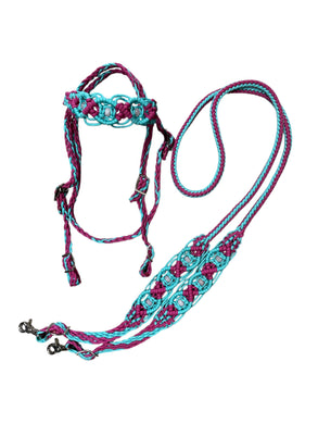 Fuchsia and turquoise  Beaded Browband Headstall with a fancy braided browband with matching reins....all sizes.