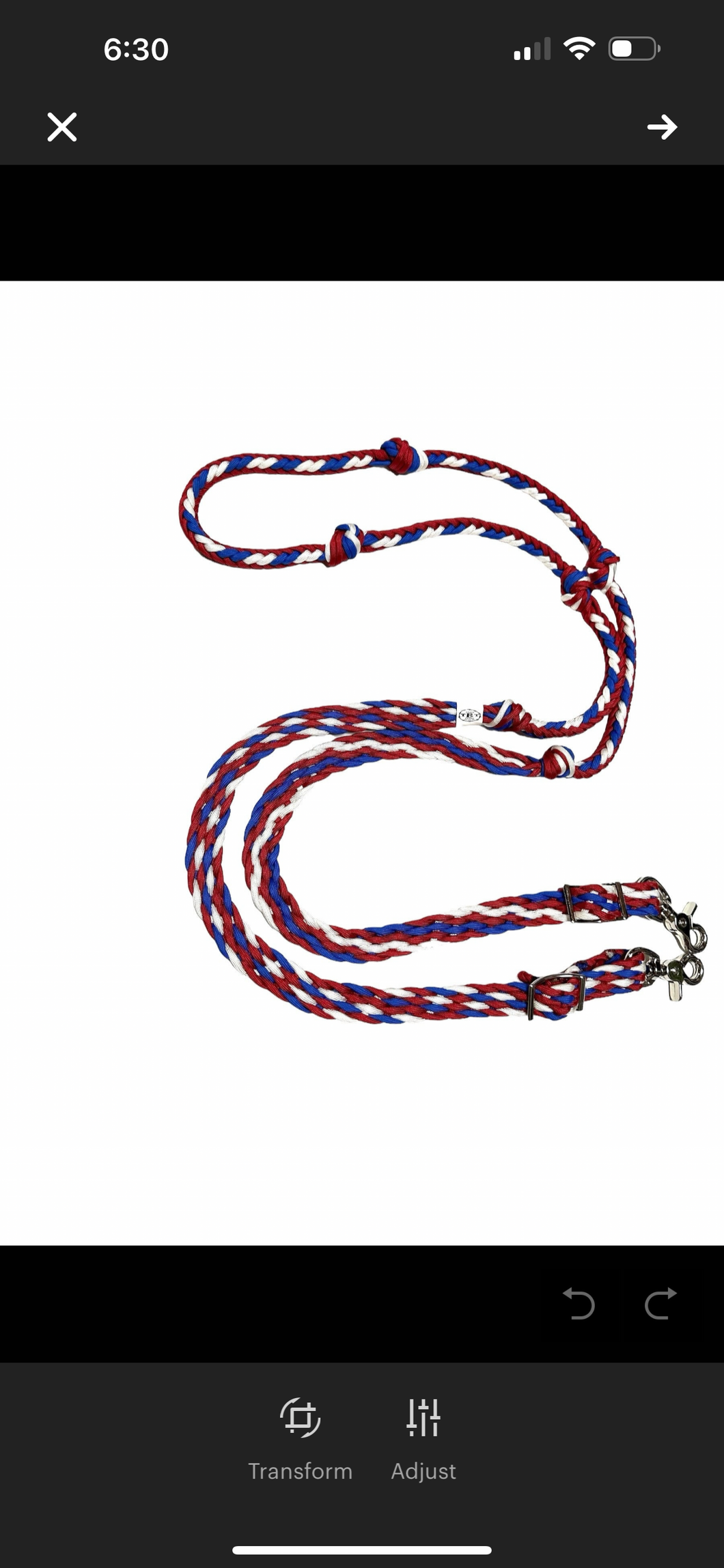 Red white and blue Barrel Reins, Round with grip knots