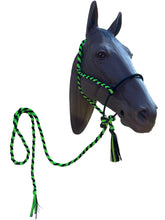 Lariat mule tape horse halter with lead neon green and black.