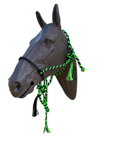 Lariat mule tape horse halter with lead neon green and black