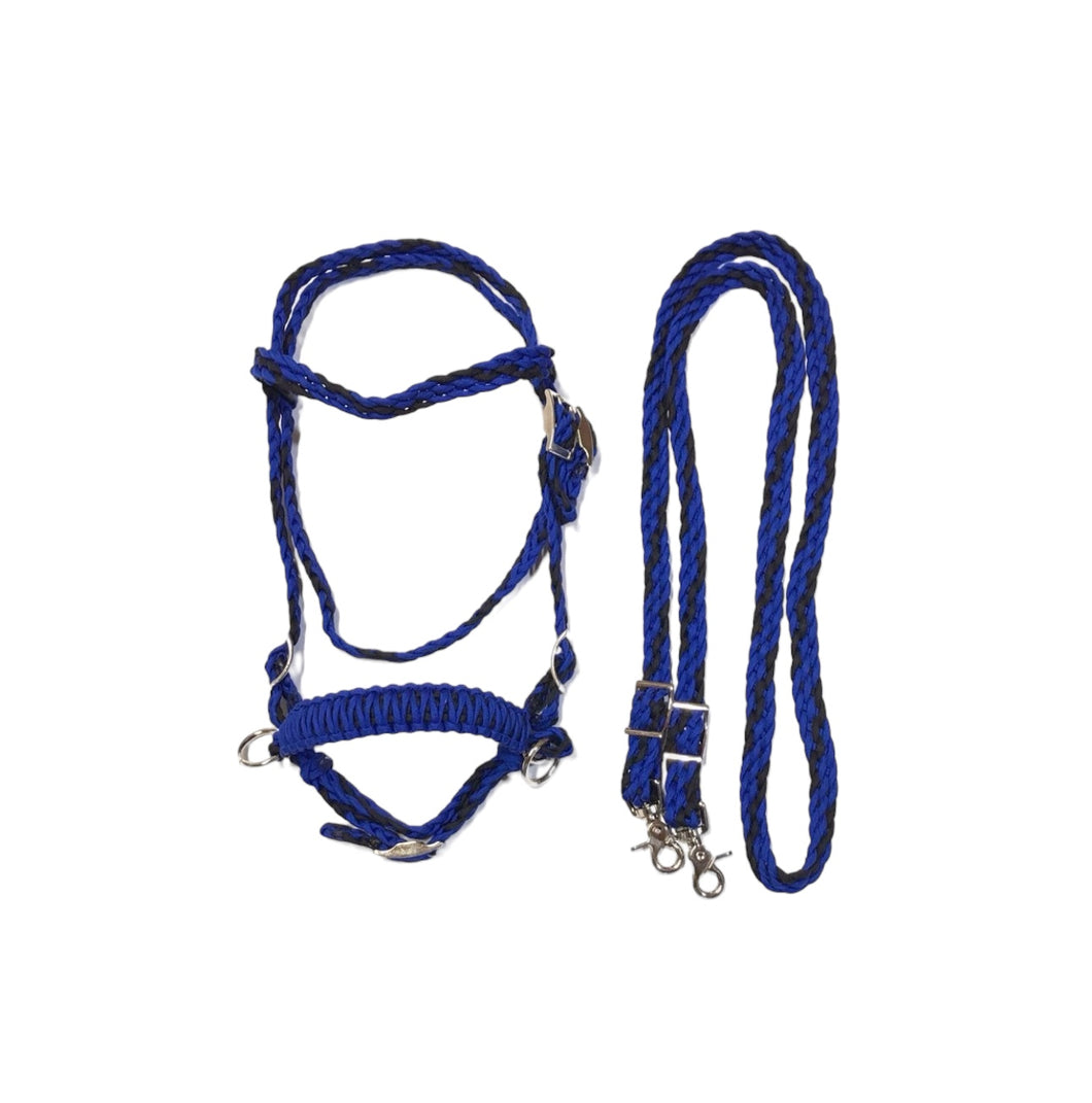 complete bitless bridle side pull hackamore “with a whoa” ,electric blue and black ....pony, Cob, Horse. or Draft horse size