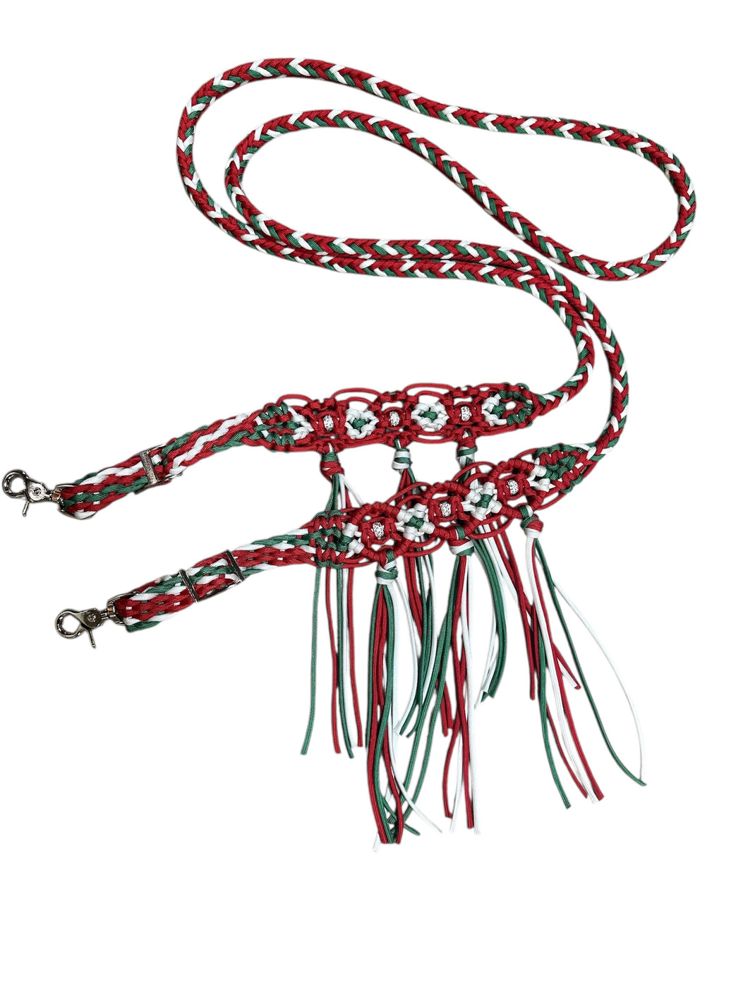 8' Fancy  braided beaded red green and white  loop reins with rhinestones and fringe