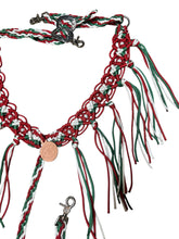 fancy macrame  fringe breast collar red green and white with rhinestones