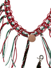 fancy macrame  fringe breast collar red green and white with rhinestones