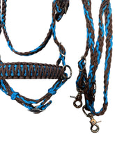 Brown and turquoise complete bitless bridle side pull hackamore with reins ....pony, Cob, Horse. or Draft horse size