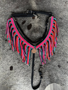 fringe breast collar hot pink,  black,turquoise, and orange  with a wither strap