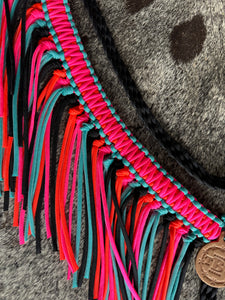 fringe breast collar hot pink,  black,turquoise, and orange  with a wither strap