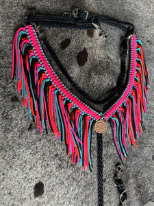 fringe breast collar hot pink,  black,turquoise, and orange  with a wither strap