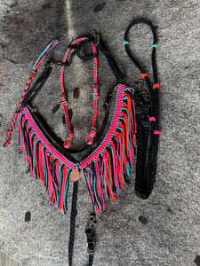 Fringe Breast Collar tack set hot pink, orange, black and turquoise