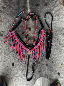 Fringe Breast Collar tack set hot pink, orange, black and turquoise