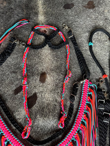 Fringe Breast Collar tack set hot pink, orange, black and turquoise