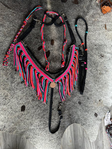 Fringe Breast Collar tack set hot pink, orange, black and turquoise