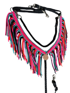 Fringe Breast Collar tack set hot pink, orange, black and turquoise