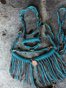 bitless fringe Tack set neon turquoise and brown.