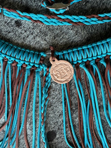 bitless fringe Tack set neon turquoise and brown.