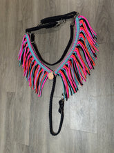 fringe breast collar hot pink,  black,turquoise, and orange  with a wither strap