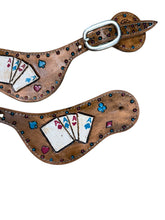 Hand tooled and painted deck of cards spur straps