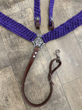 horse breast collar mule tape in purple with leather tugs conchos and Jeremiah Watt hardware