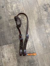 One ear mule tape and leather bridle with conchos and Jeremiah Watt hardware