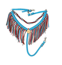 Turquoise, Red, brown and tan fringe breast collar with a wither strap