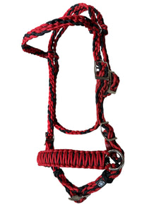 complete bitless bridle side pull red and black with flat reins …pony, Cob, Horse or Draft horse size (you pick your size)