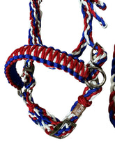 complete bitless bridle side pull with reins red white and blue …pony, Cob, Horse or Draft horse size (you pick your size)