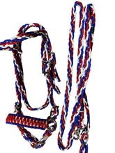 complete bitless bridle side pull with reins red white and blue …pony, Cob, Horse or Draft horse size (you pick your size)
