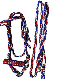 complete bitless bridle side pull with reins red white and blue …pony, Cob, Horse or Draft horse size (you pick your size)
