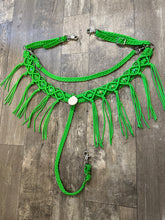 Neon green fancy macrame  fringe breast collar with European glass beads