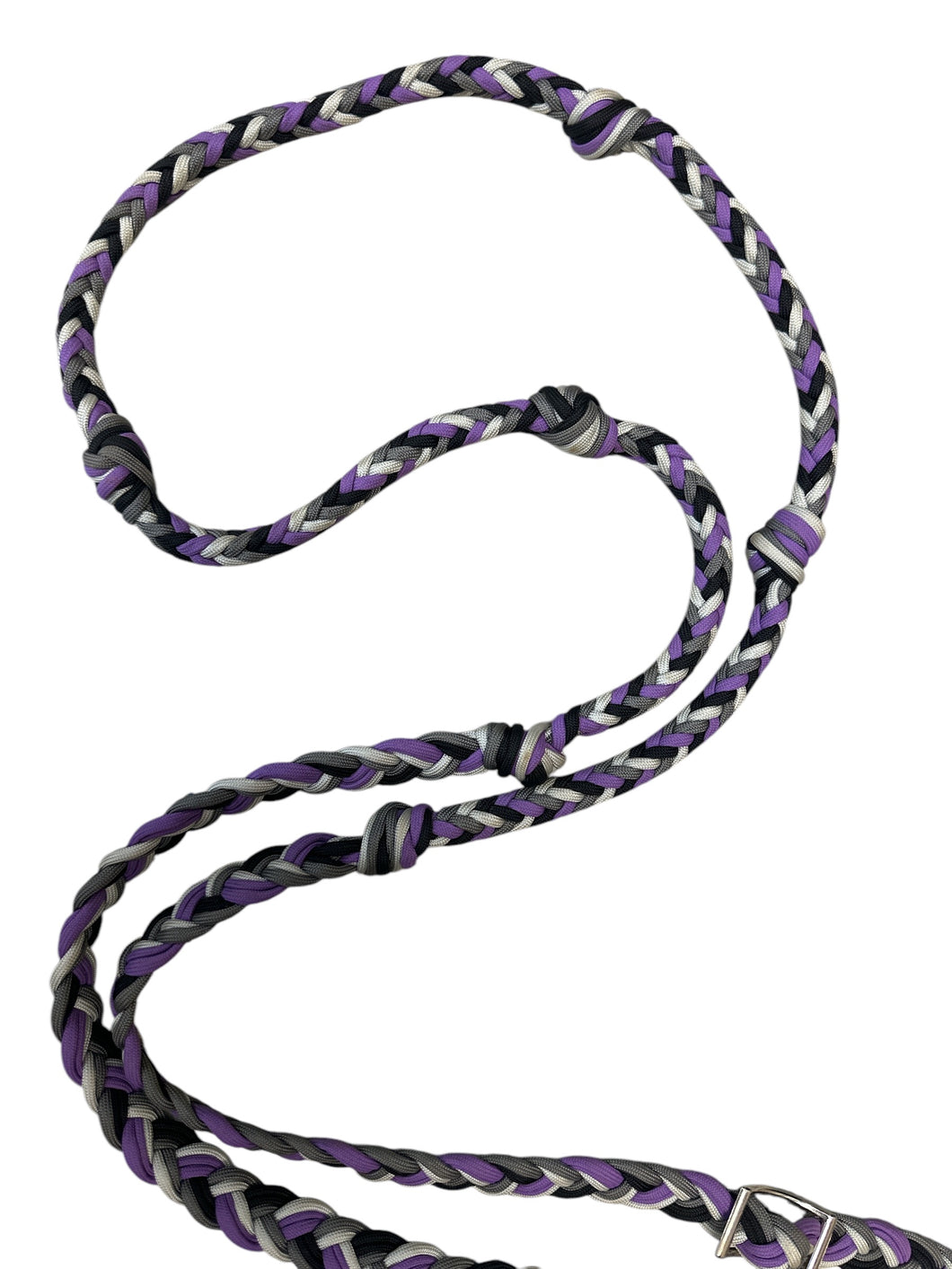 Sale 7’ reins with grip knots lilac, white, black, and grey