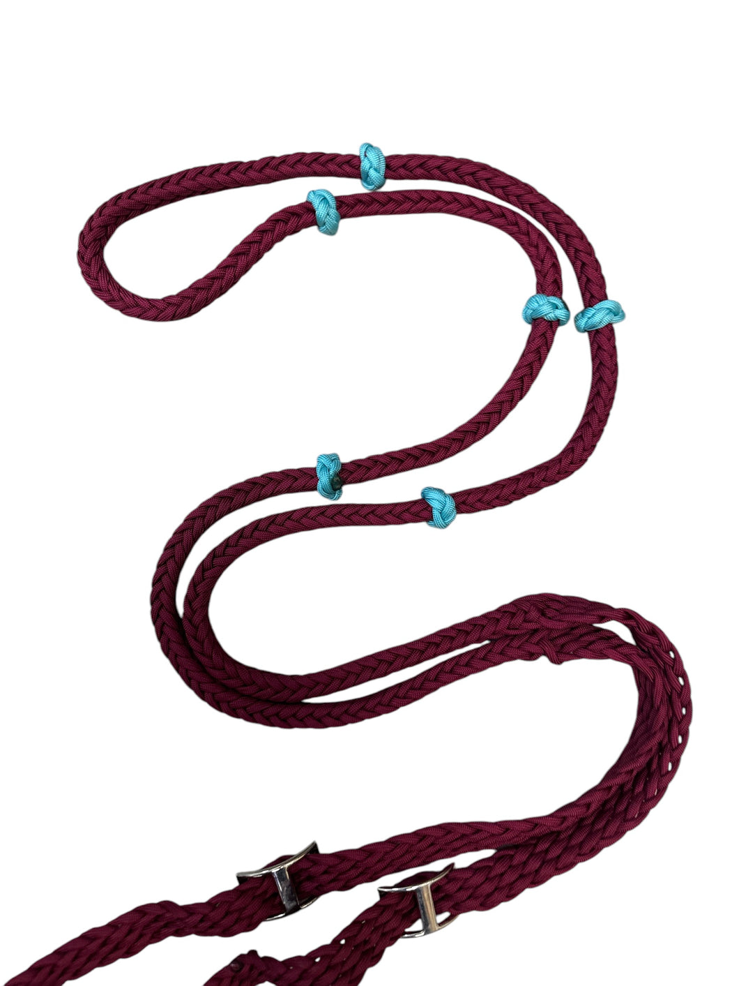 Sale 8’ reins with grip knots burgundy and turquoise.