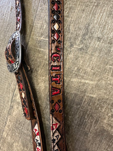 Personalized Four aces Hand painted and tooled  leather Headstall horse size