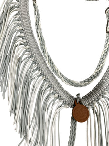 Silver and white fringe breast collar with wither strap and matching round reins