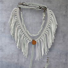 Silver and white fringe breast collar with wither strap and matching round reins