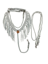 Silver and white fringe breast collar with wither strap and matching round reins