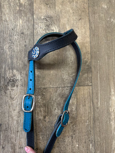 Butter soft black and turquoise leather one ear  Headstall with quick change buckles horse size