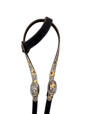 Butter soft cheetah sunflower leather one ear  Headstall with quick change buckles horse size