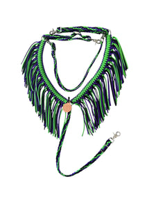 fringe breast collar neon purple and neon green.